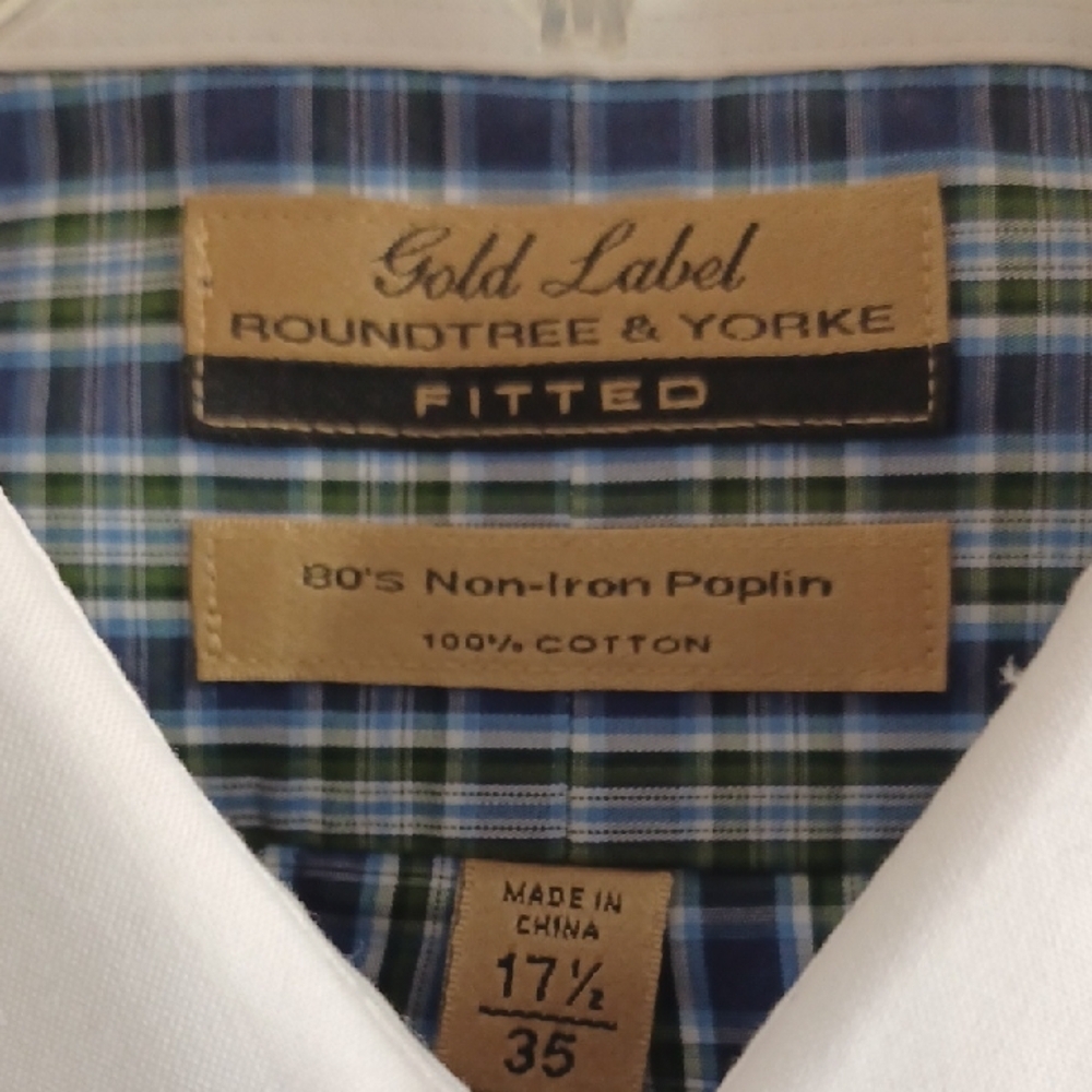 Roundtree & Yorke Navy & White Plaid Dress Shirt w/ White Collar - Picture 2 of 6